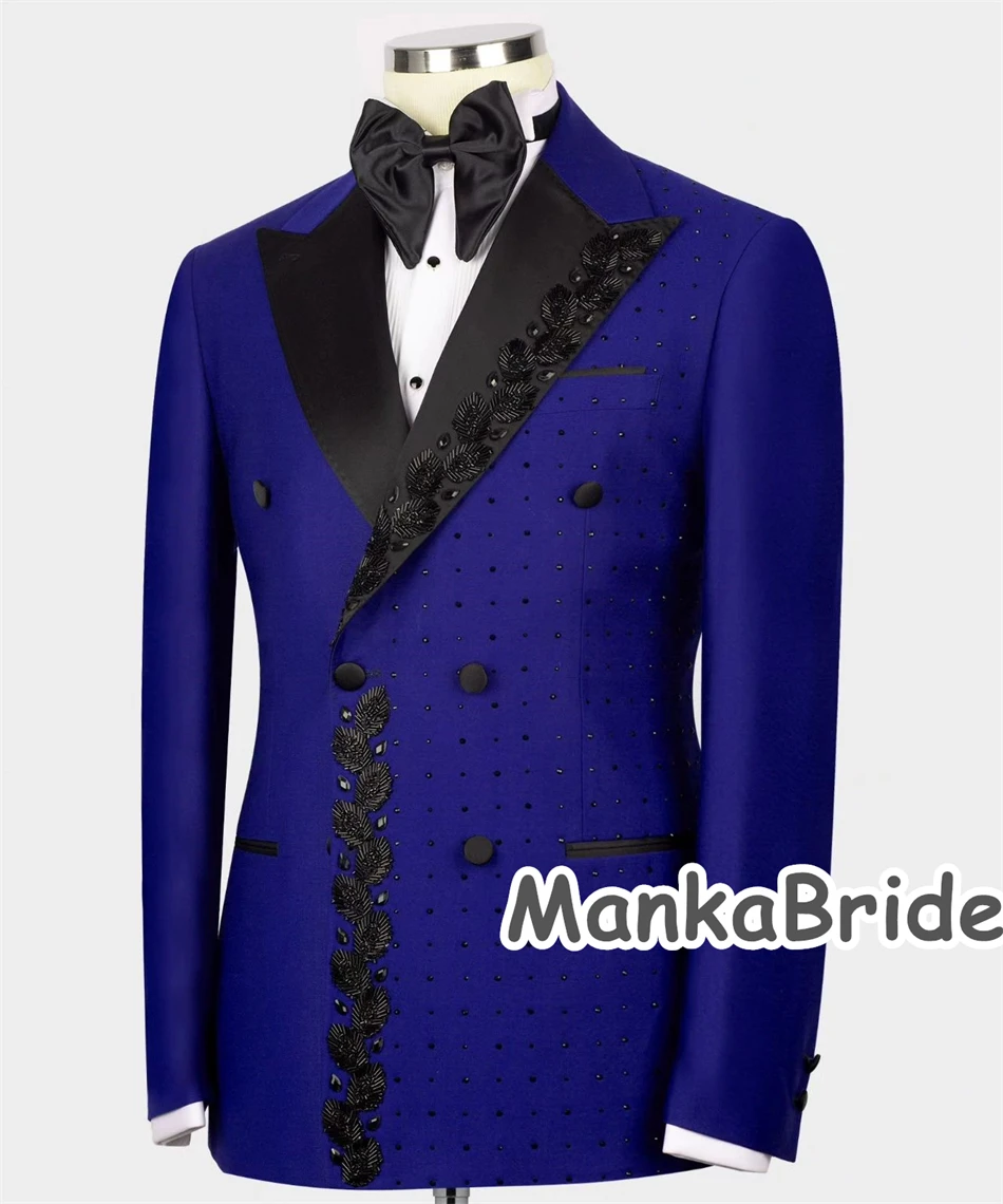 Tuksedo pria biru mewah, tuksedo pria mewah dengan kristal Double Breasted, celana Blazer, pakaian pesta Formal pria 2 potong, pakaian pria Conjunto hombre