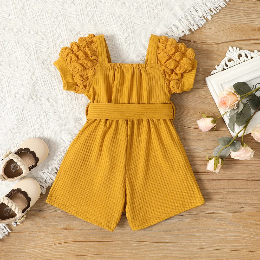 New summer baby girl shorts for babies aged 0-2 with small square neckline bubble short sleeved belt and jumpsuit