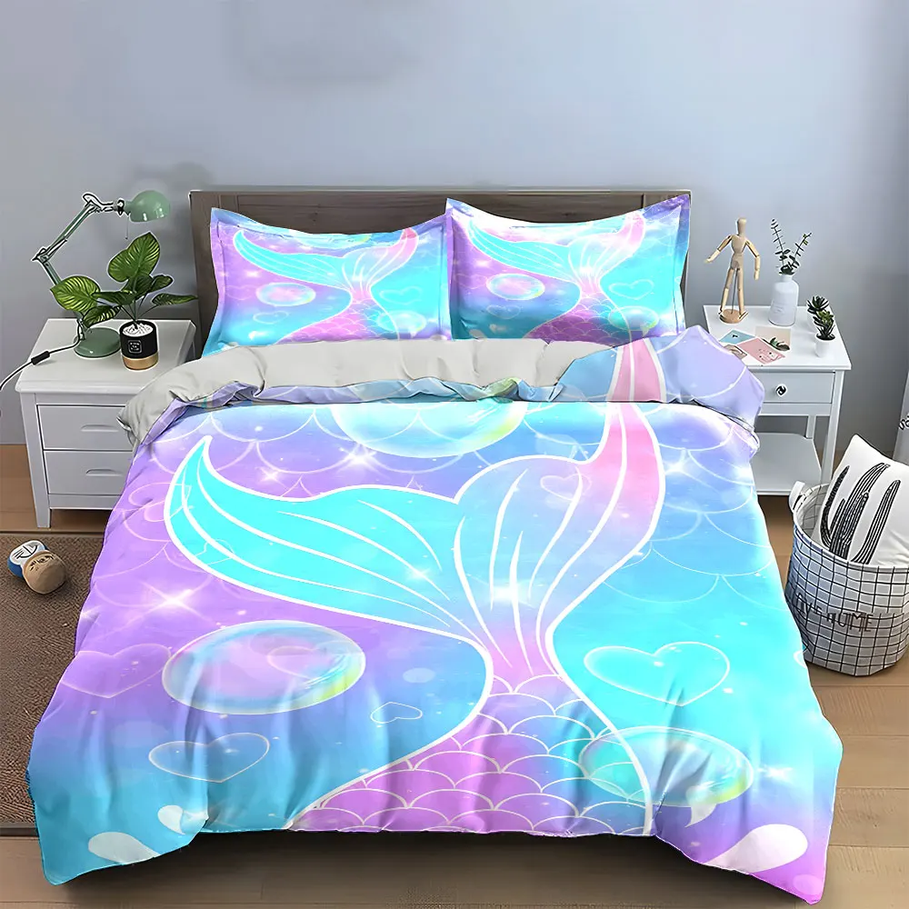Pastel Gradient Mermaid Tail Bubble Heart Duvet Cover Set, Kawaii Girly Bedding Includes 1 Duvet Cover And 2 Pillowcase, Gift