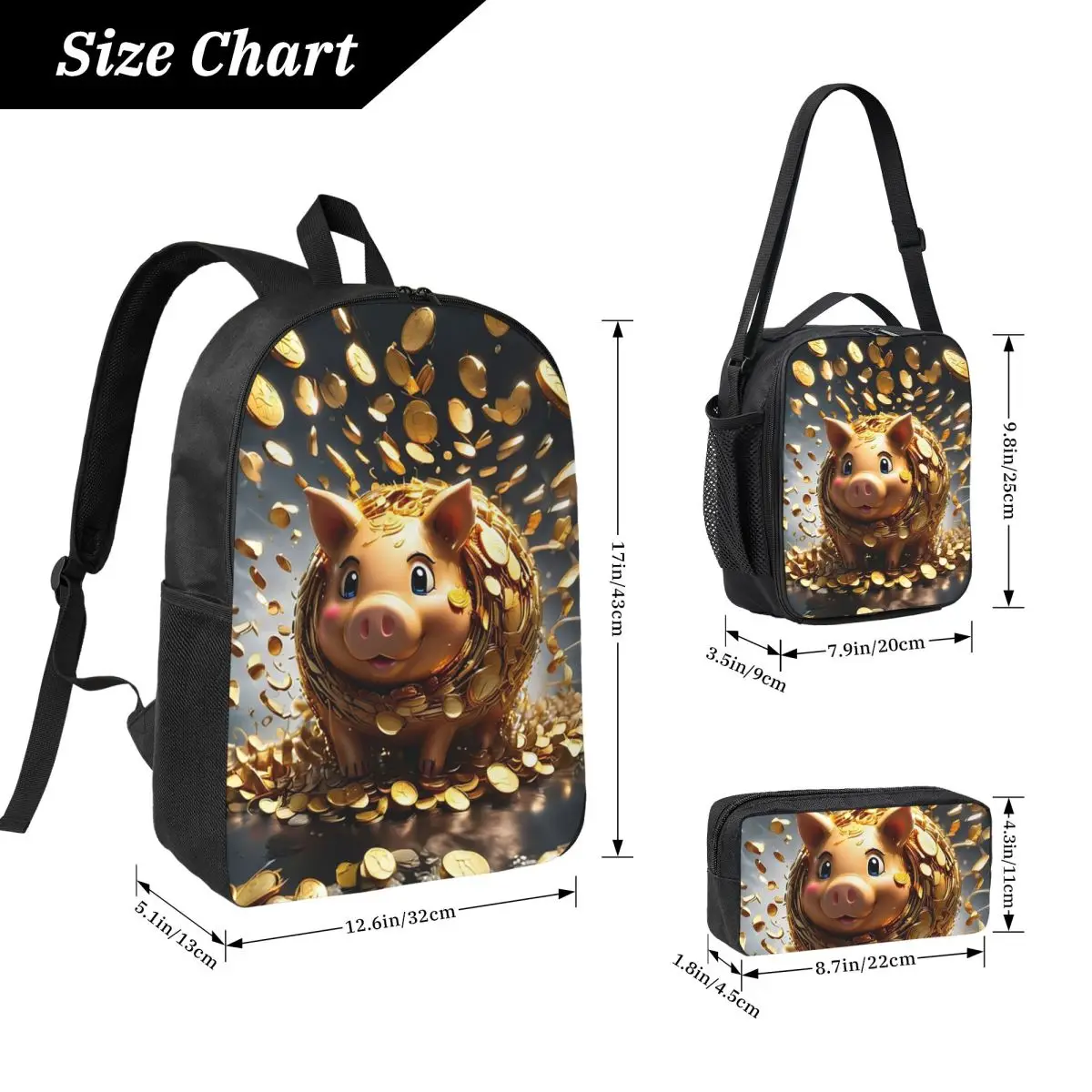 Gold Coins Flying Cute Golden Piggybank Backpack  BookBag School Bag Laptop Shoulder Bags 3ps Insulated Lunch Bag Pencil Case