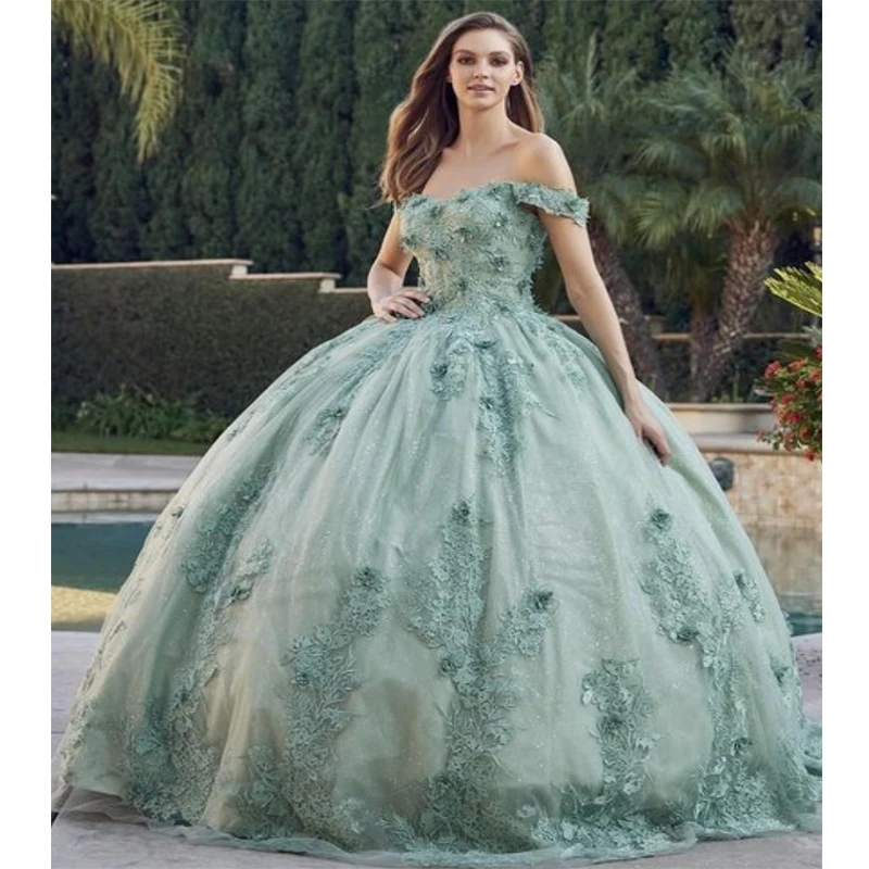 

Luxury Mint Green Quinceanera Dresses 2024 Beads Flower Appliques Sweet 16 Dress Vestido De 15 Anos Lace-Up Prom Party