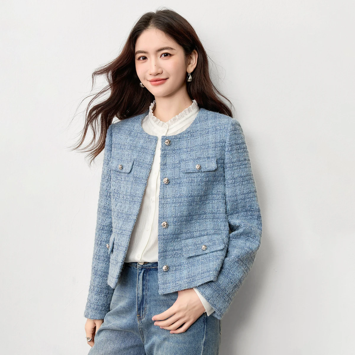 

SENTUBILA женская верхняя одежда, осень 2022, роскошная тканая твидовая женская куртка, элегантное женское пальто в стиле пэчворк с круглым вырезом 153WA8659