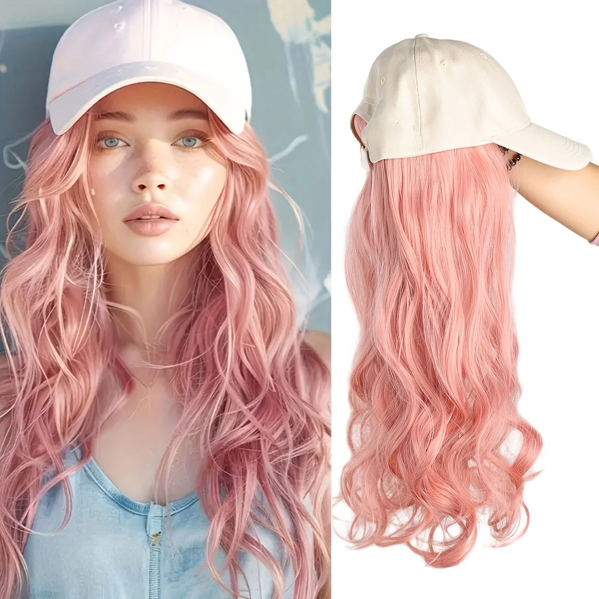

Synthetic long hat wig in one hat wig with wave pink golden hair for women girls adjustable hat party daily use
