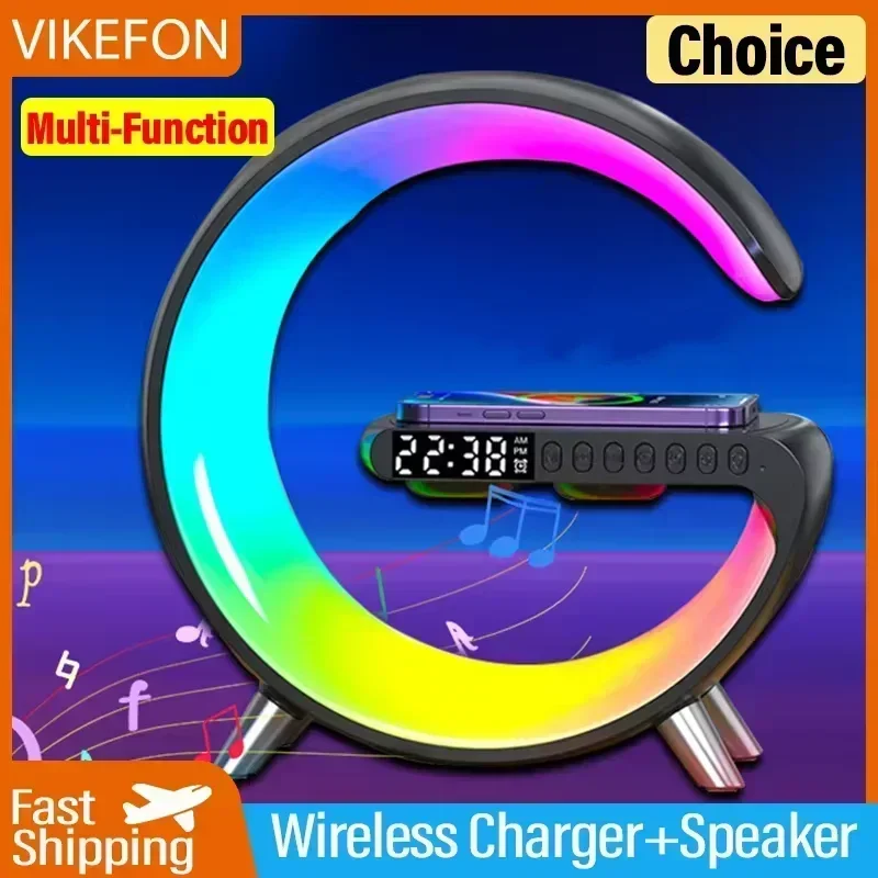 Wireless Charger Station LED Night Light RGB Desk Lamp Alarm Clock Speaker For iPhone Samsung Huawei Fast Charging Stand Pad