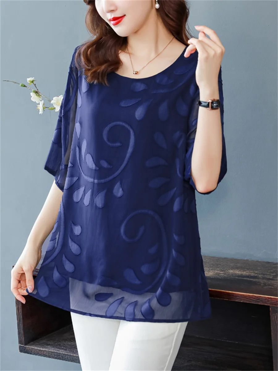 5XL Loose Women Spring Summer Shirts Lady Fashion Casual Half Sleeve O-Neck Collar Printing Floral Blusas Tops CT0662