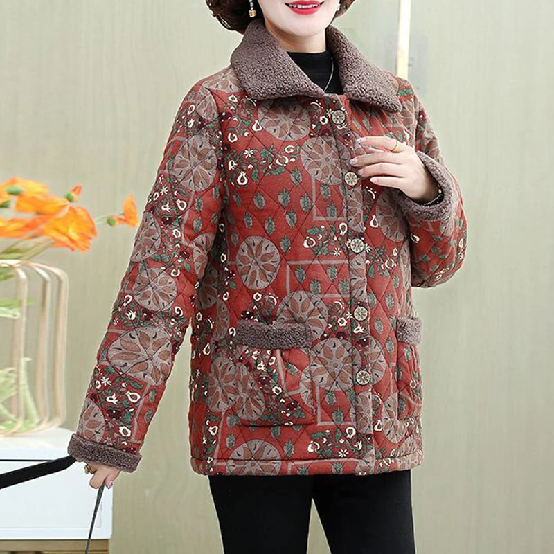 Middle Aged Elderly Women's Clothing Winter Fashion Printed Fleece Thick Warm Coat Casual Long Sleeve Loose Button Cotton Jacket