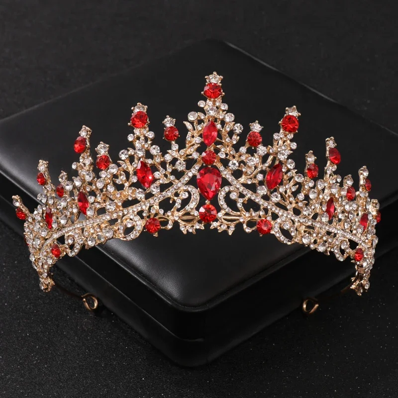 Baroque Red Crystal Bridal Crown Royal Queen tiara Pageant Prom Bride Diadem Princess Wedding Crown Hair Accessories Jewelry