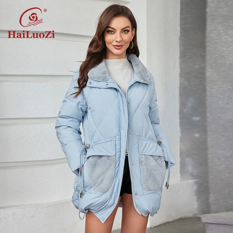 HaiLuoZi 2023 New Women Winter Jacket Short Warm Female Outwear Hooded Side Pockets With Fur Solid Color Women\'s Coat 1155