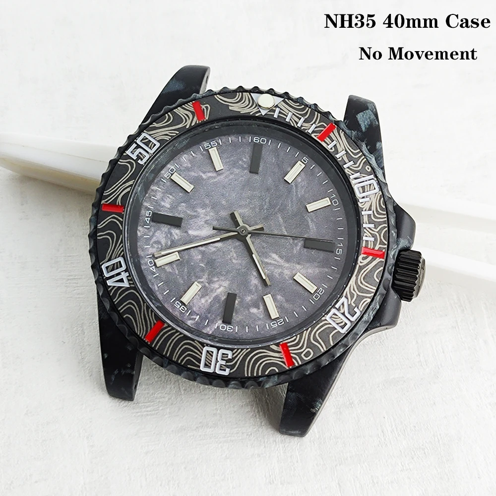 NH35 40mm Case for SUB Carbon Black Diving Watch Case With Topographic Dial Bezel Fit NH35 Movement Watch Mod Replacement Parts