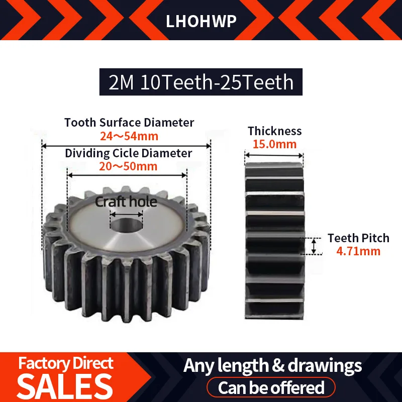 Flat Gear 45# Steel Drive Gear For Rack Drive 2 Module Spur Gear 10/11/12/13-25 Teeth
