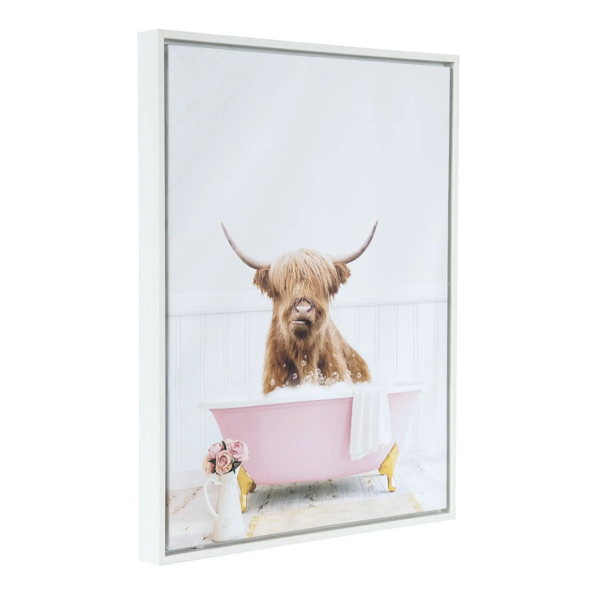 

Amy Peterson Highland Cow in Cottage Rose Bath 16" x 20" Framed Canvas Art Print by Design Ovation