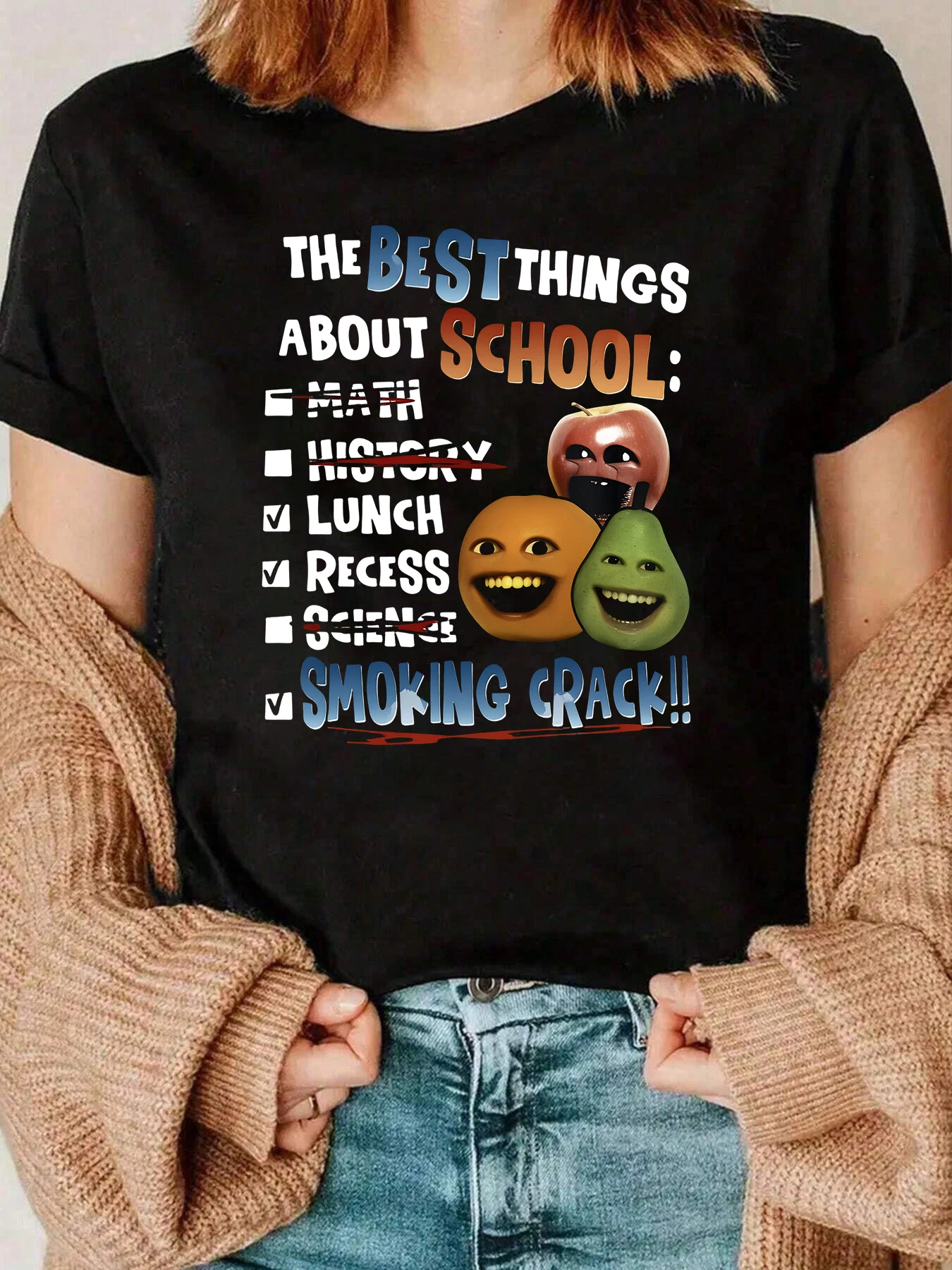 Lista escolar con caras de frutas camiseta gráfica para uso casual jóvenes y adultos 220g