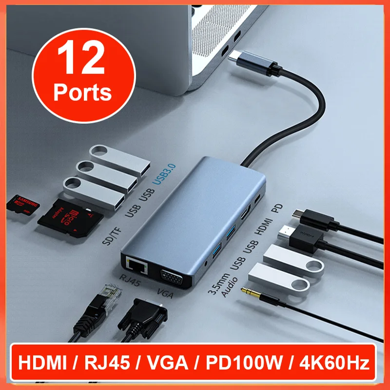 

USB-C Hub 12Ports Docking Station USB Type C to HDMI 4K VGA USB 3.0/2.0 Adapter PD100W RJ45 SD Card Reader for MacBook