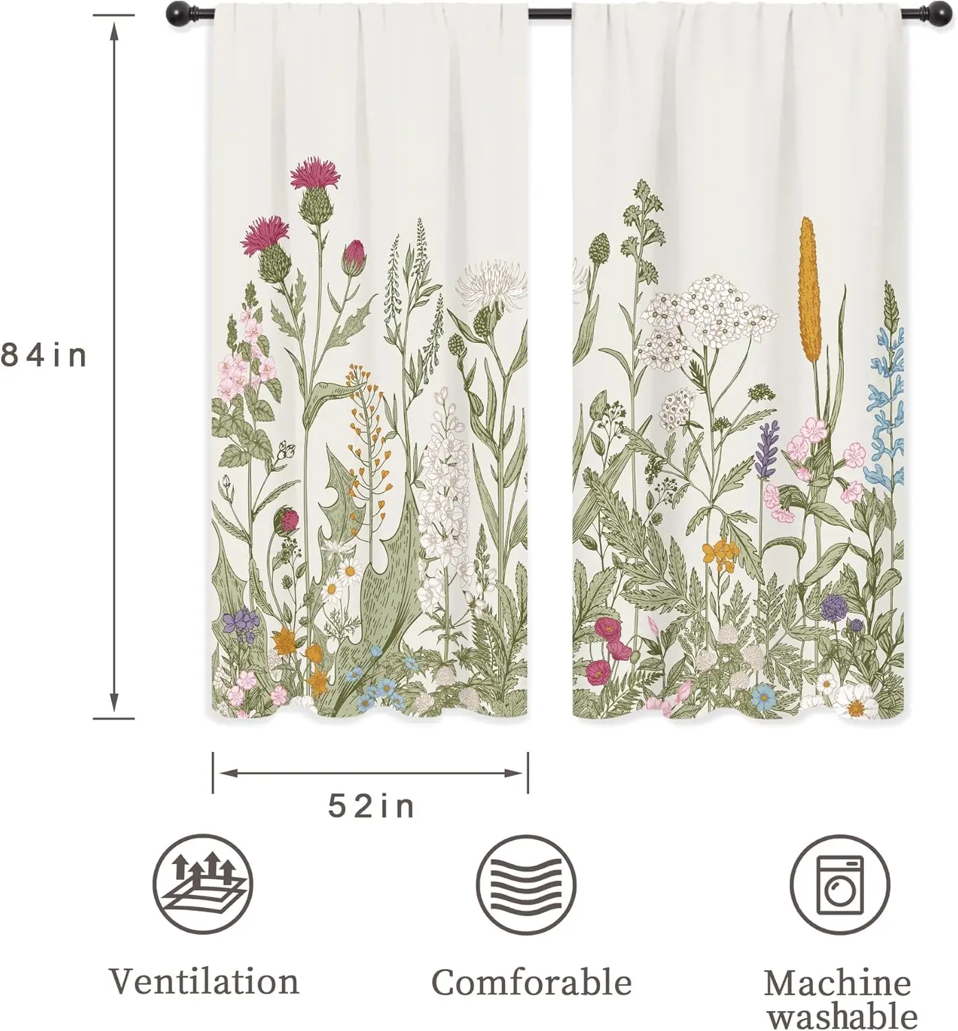 ستائر الزهور البرية الأزهار الخضراء يترك النباتية المطبوعة قضيب جيب الفني نبات زهرة برية اللبلاب الأعشاب غرفة المعيشة ريفي