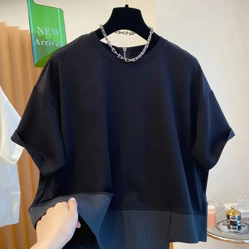 

Irregular Splicing T-shirt Women's Short-sleeved Summer Loose Chic Round Neck Half-sleeved Top