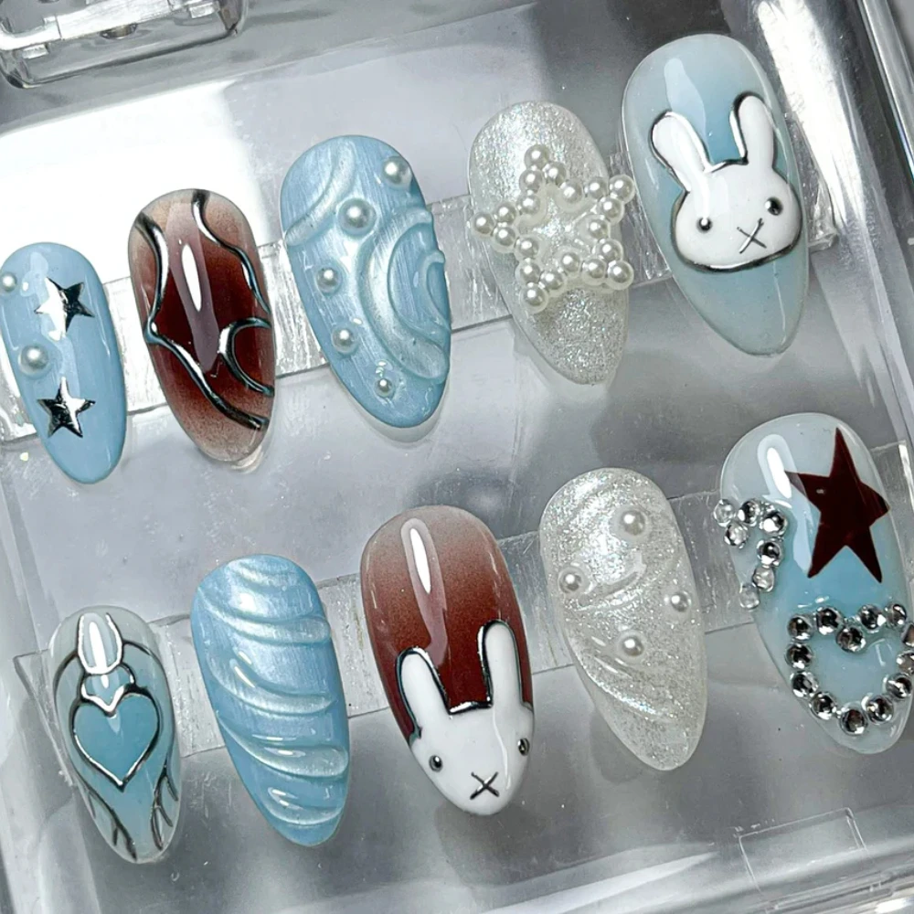 10Pcs Handmade Manicure Medium Almond Fake Nails New Cute 3D Blue Rabbit Nails Press On Nails Design with Adhesive Nail File Set