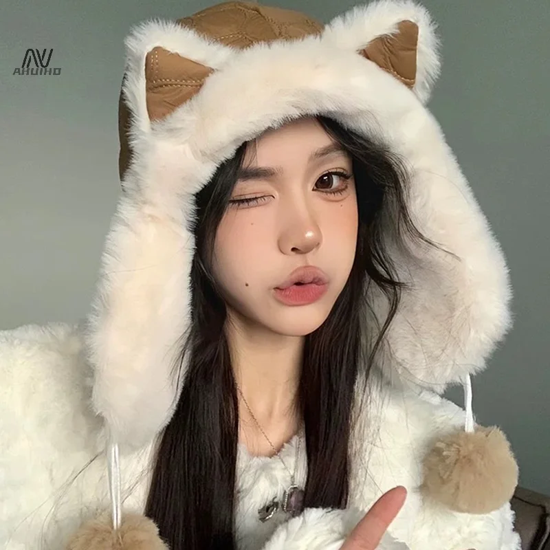 Cute Fox Ears Plush Hat Women's Winter Thickened Plush Warm Cycling Cold Ear Protection Bomber Hat