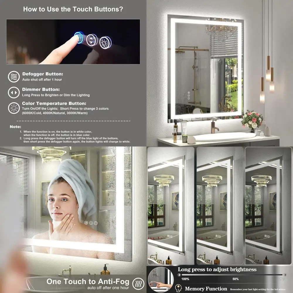 مرآة زينة بإضاءة خلفية LED مقاس 30 × 36، قابلة للتعتيم مع مضادة للضباب، 3 خيارات ألوان، مقاومة للكسر، مدرجة ETL #1