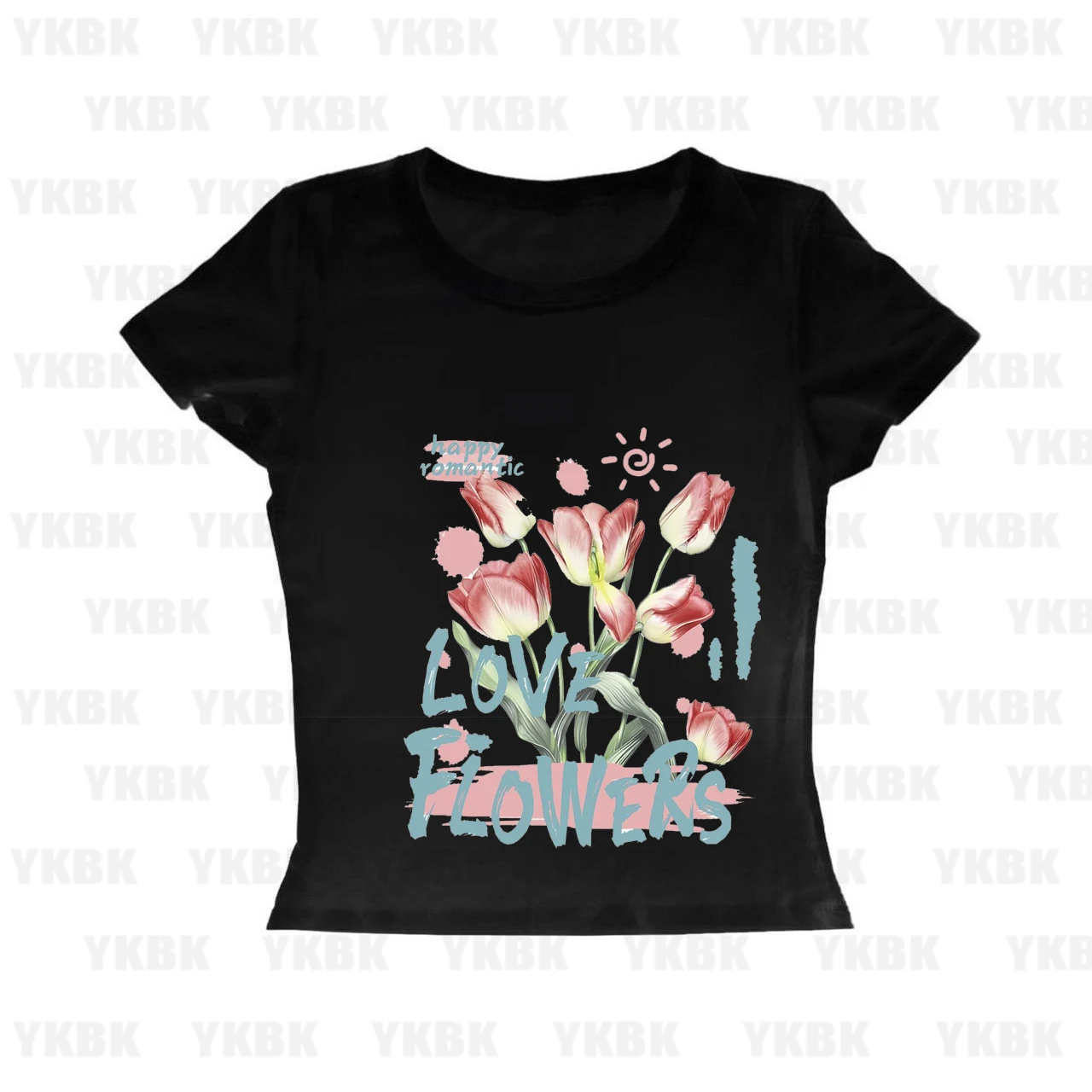 Happy Romantic Love Flowers Print Woman T-shirt Short Sleeved O-Neck  Y2k Top Emo Kawaii T Shirt for Women Grunge Clothes