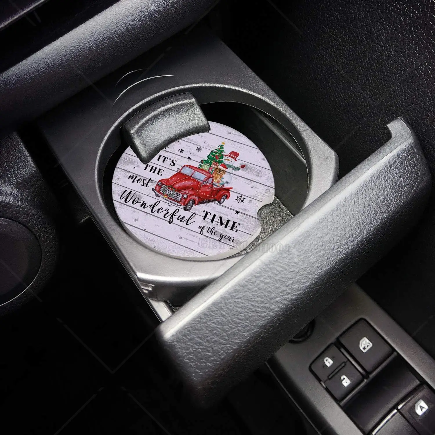 Car Cup Holder Coaster Christmas A Red Truck with Christmas Tree 2 Pack Absorbent Ceramic Stone Car Coasters with Fingertip