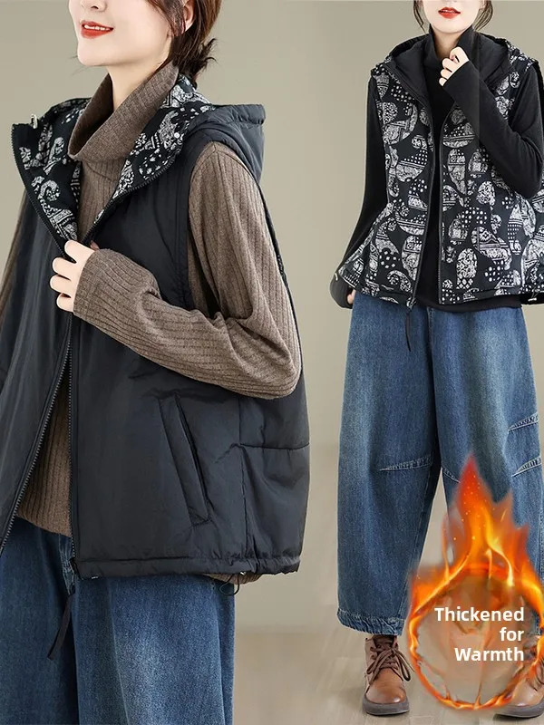 女性の両面着用秋冬コットンベストフード付き多用途痩身暖かいコットンジャエットコットンコートアウターウェア