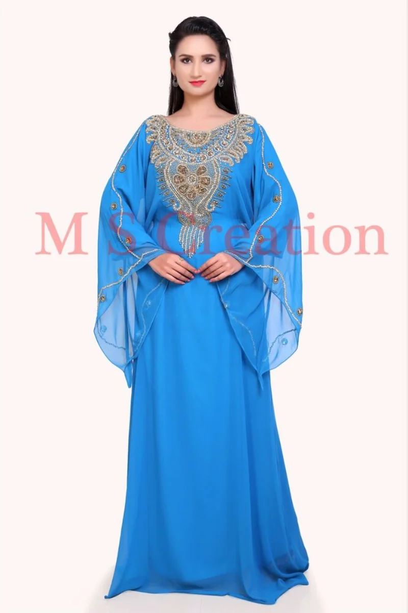 

Women Long Dress Ferozi Georgette Dubai Gown Farasha Gown Ethnic Style Clothing 54 Inches