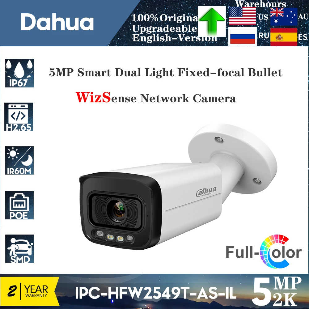 Original Dahua 5MP IPC-HFW2549T-AS-IL Smart Dual Light Fixed-focal Bullet WizSense Network Camera Full Color POE Built in Mic