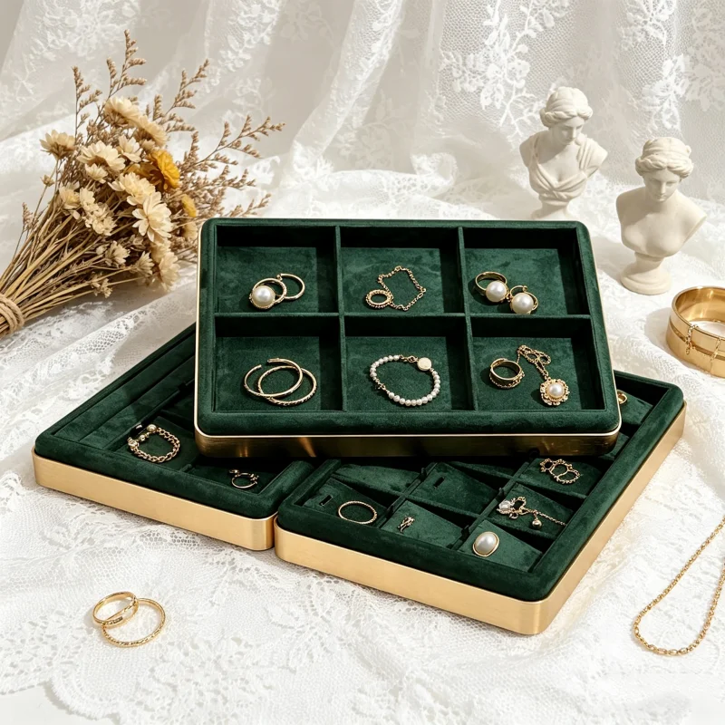 

Зеленый бархатный поднос для демонстрации украшений, органайзер для хранения колец, ожерелий, браслетов, часов, модная подставка и стойка для аксессуаров