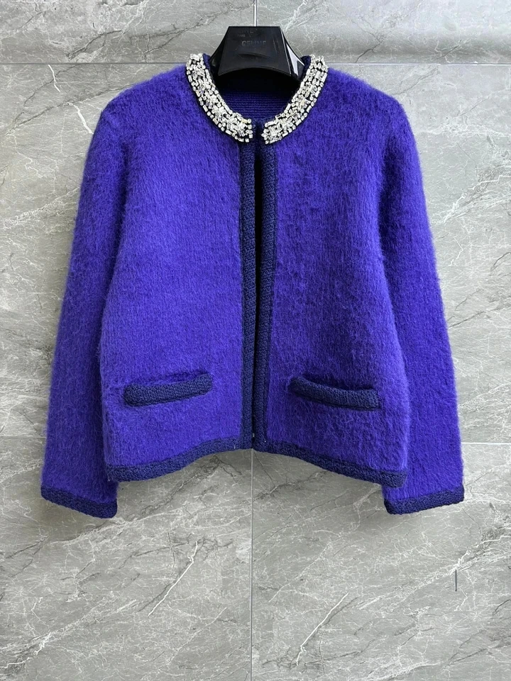 2024 Spring Autumn Luxury New Women High Quality Diamonds Chic Mohair Cardigans Coat Female Chic Sweater