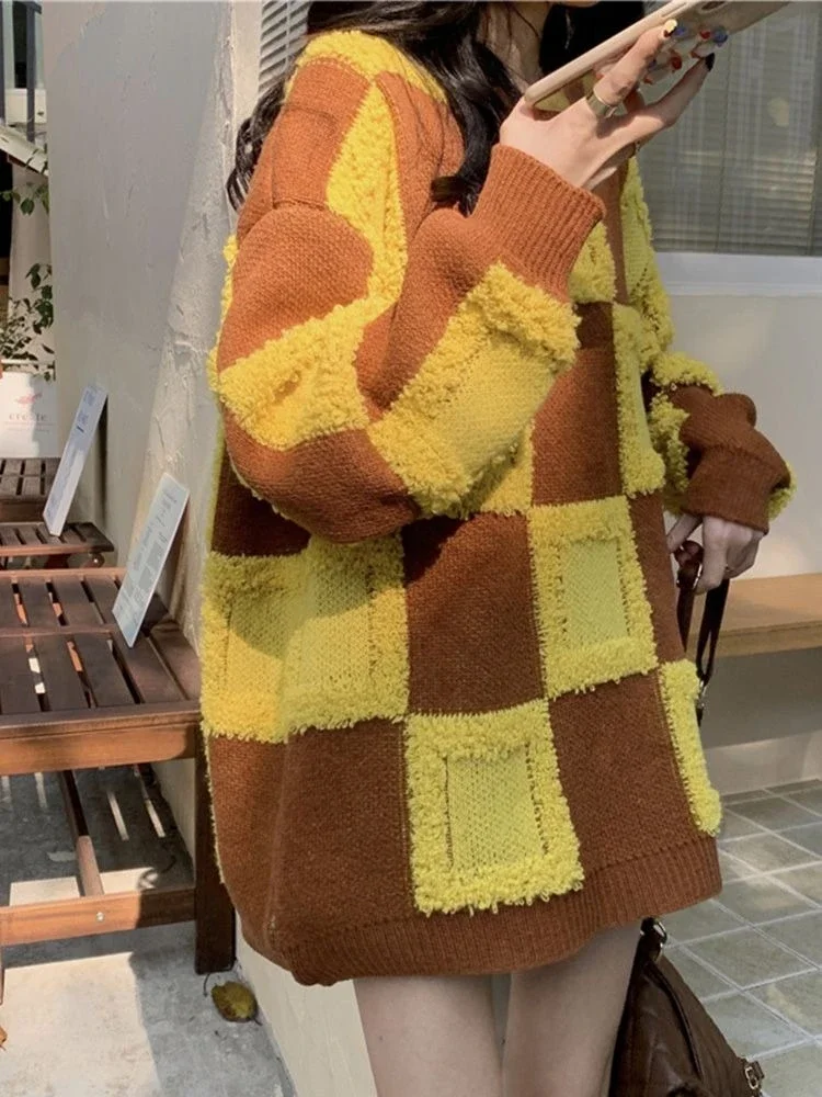 

Fashion Loose Ladies PulloversPlaid Women's Knit Sweater Youthful Clothes New Knitwear Japanese Style Korean Wear To Work Basic