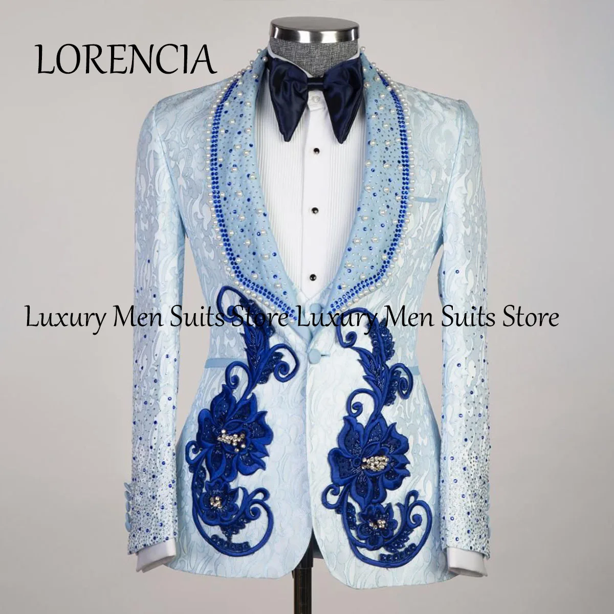 Customized Homme Bead Crystals Formal Men Suits Slim Fit Groom Wedding Tuxedos 2 Pieces Sets Bridegroom Prom Blazers Fashion