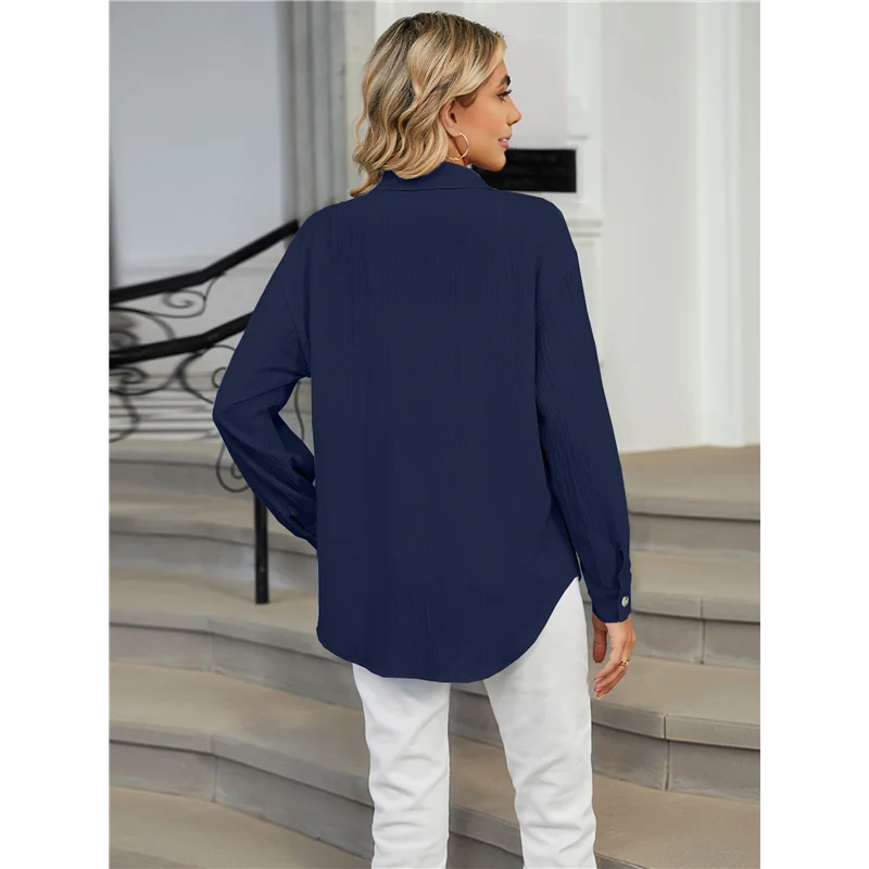 

Womens Button Down Shirts Long Sleeve Textured Collared Work Blouse Dressy Casual Tops With Pocket
