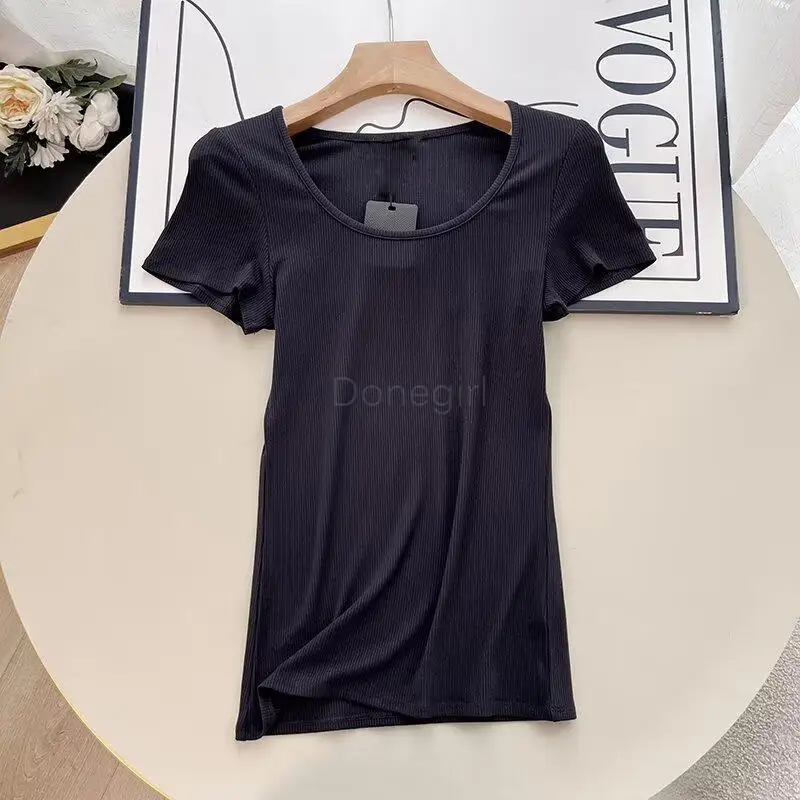 Donegirl 2024 Summer New Women Fashion Short Sleeve Ribbing Slim T-shirt Solid Simple Casual Basic Versatile Tees Tops Female