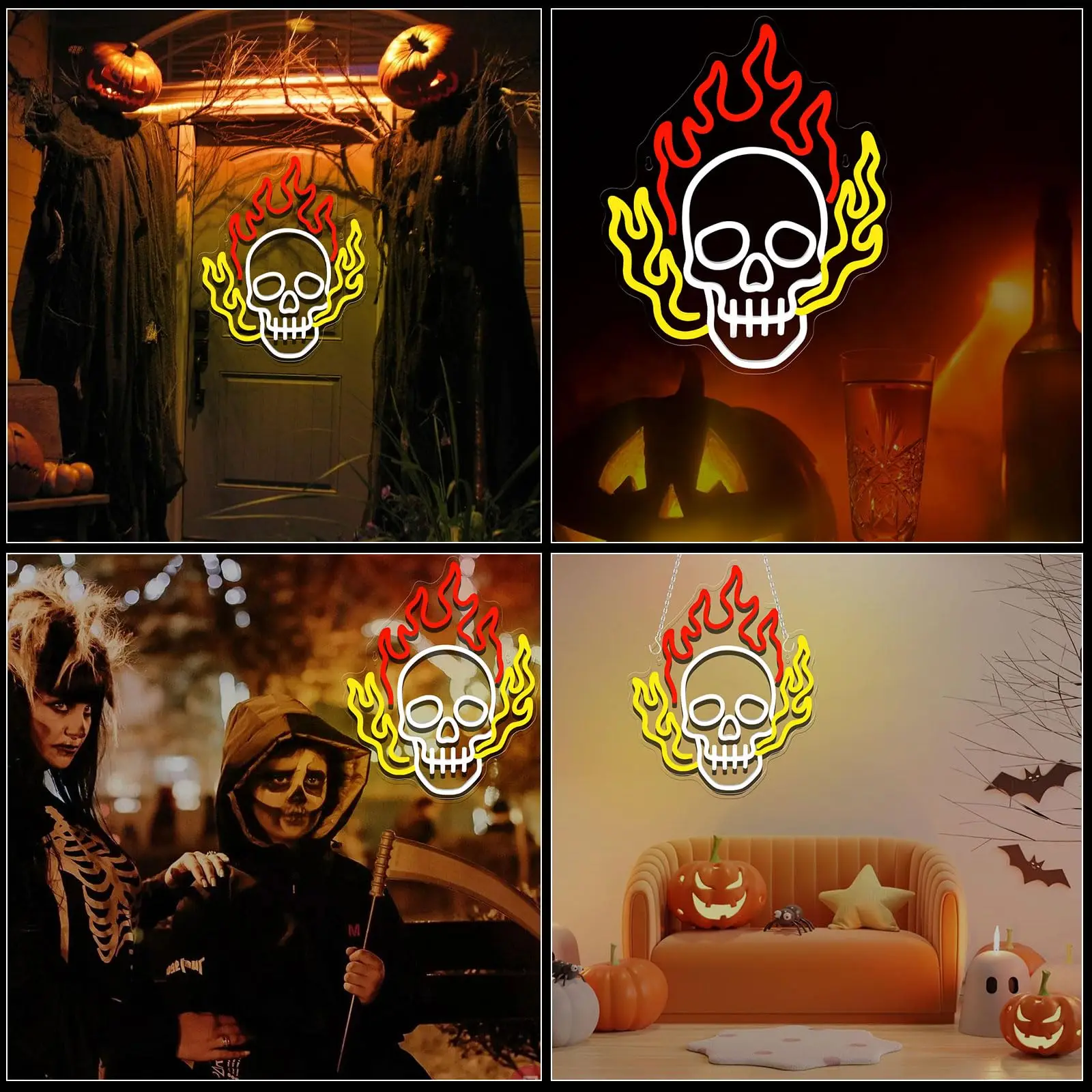 Dimmable Skull Neon Sign - USB LED Light | Ideal for Bedroom, Man Cave, Club, Game Room | Scary Skull Fire Design for Halloween