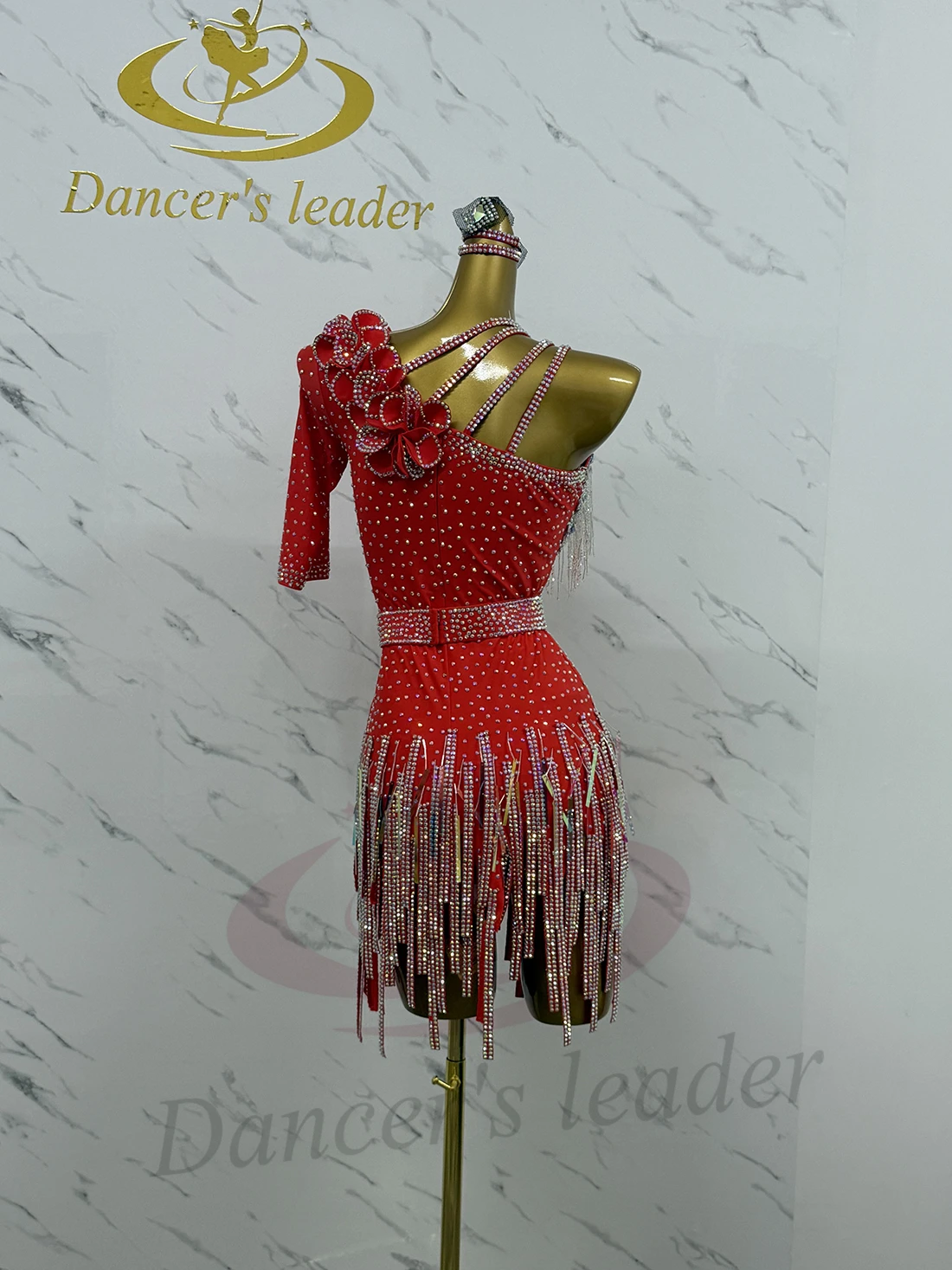 Vestido de dança latina adulto e infantil ab pedra high-end personalizado vermelho diamante listra flor vestido cha cha tango roupas femininas