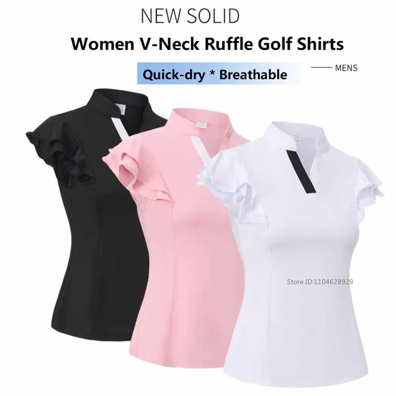 Women Golf Clothing Summer Ruffle Fly Sleeve Golf T Shirt Ladies Polo V-Neck Golf Sports Tops Breathable Quick-dry Shirts