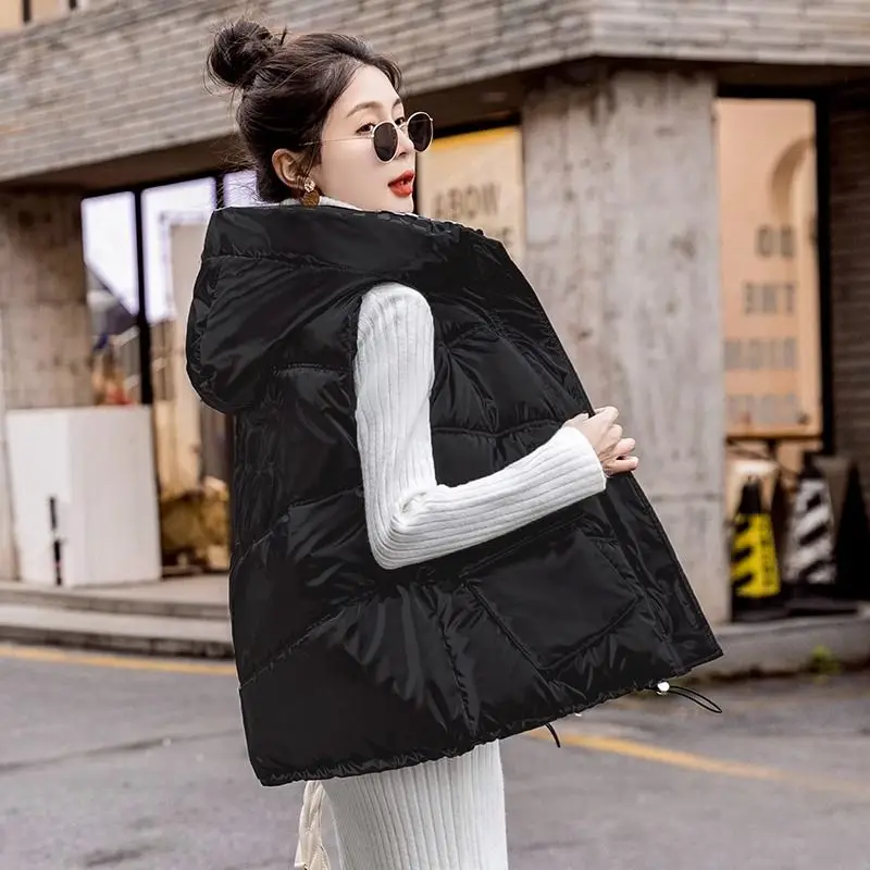 Splicing Hooded Checkerboard Pattern Design New Thickened Warm Shoulder Sleeveless Warm Jacket