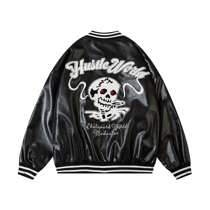 

Men Leather Baseball Jacket Skull Smoking Letters Embroidery Jackets Loose Oversize Hip Hop Outerwear Male