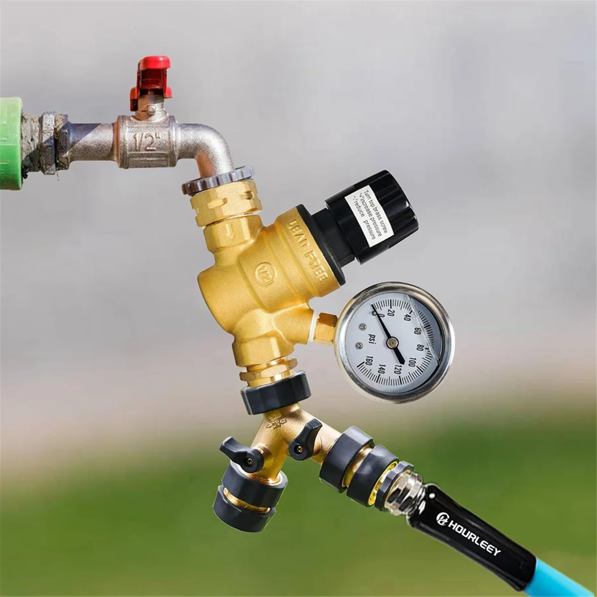 RV Water Pressure Regulator, Adjustable Handle Brass Water Pressure Regulator with Gauge and Inlet Screen Filter for RV