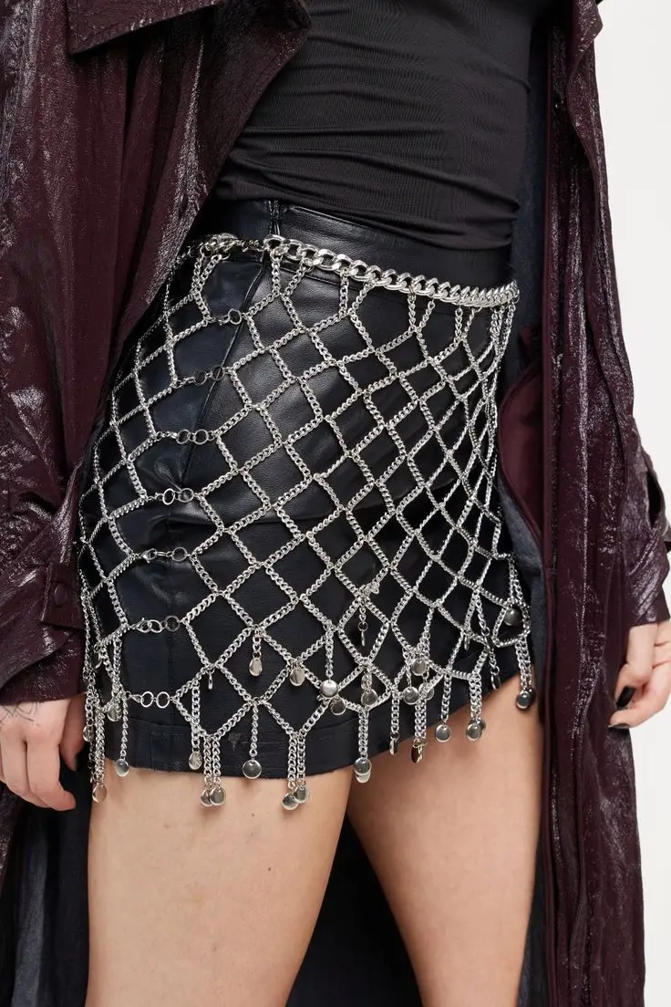 Cutout mesh waist chain sexy exaggerated fishnet body chain Metal chain skirt accessories