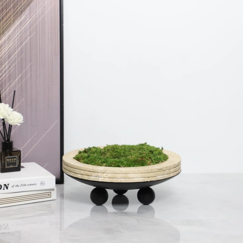 European light luxury geometric metal travertine round immortal moss bonsai desktop potted plant ornament soft home accessories