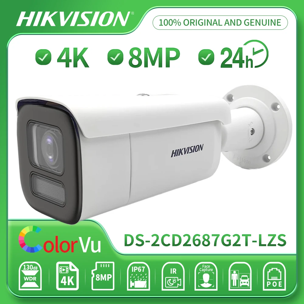 Original Hikvision 8MP 4K DS-2CD2687G2T-LZS ColorVu AcuSense 4X ZOOM Motorized Varifocal SD Slot POE Alarm I/O CCTV IP Camera