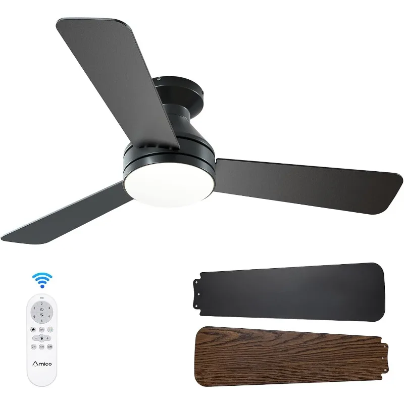 Amico Ceiling Fans with Lights, 42 inch Low Profile Ceiling Fan with Light and Remote Control, Flush Mount, Reversible, 3CCT