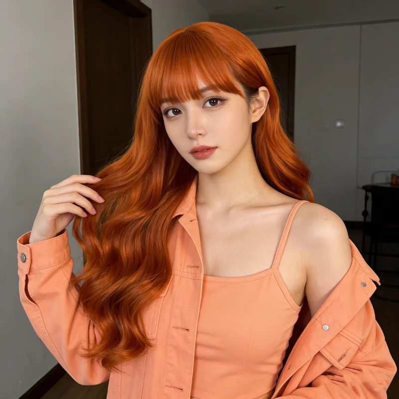 

Orange long curly hair synthetic wig for Halloween cosplay, costume party wig, high-temperature hair accessory
