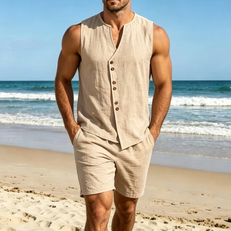 Conjunto de Camisa sin Mangas y Pantalones Cortos de Lino Sólido para Hombre, Estilo Casual de Playa para Verano
