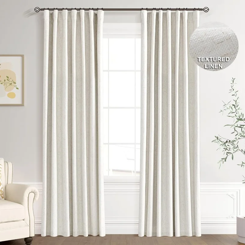 Cream Linen 100% Blackout Curtains 84 Inch Long, Rod Pocket/Back Tab/Hook Belt/Clip Rings,Thermal Insulated Drapes for Bedroom