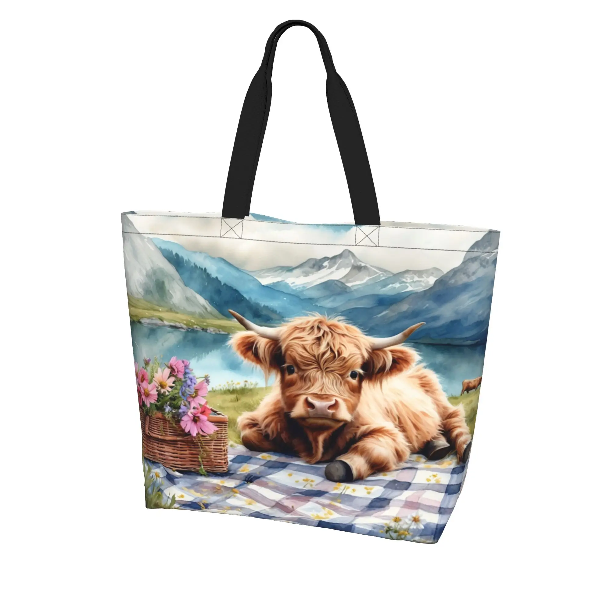 

Women's Large Tote Bag With Pastoral West Highland Cattle Painting Art For Shopping And Going Out