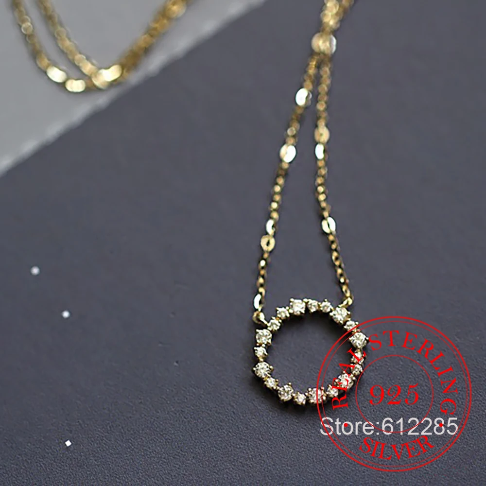 

925 Sterling Silver Jewelry Round Circle Crystal Pendant Necklace for Women Clavicle Chain Birthday Wedding Party Jewelry Gift