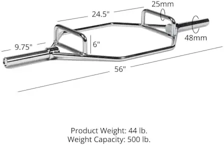 Fitness 2in Hex Trap Bar, Weightlifting Deadlift Squat Barbell, Rated 500 LB, Knurled Grips, Bent Over Rows, Squat Jumps