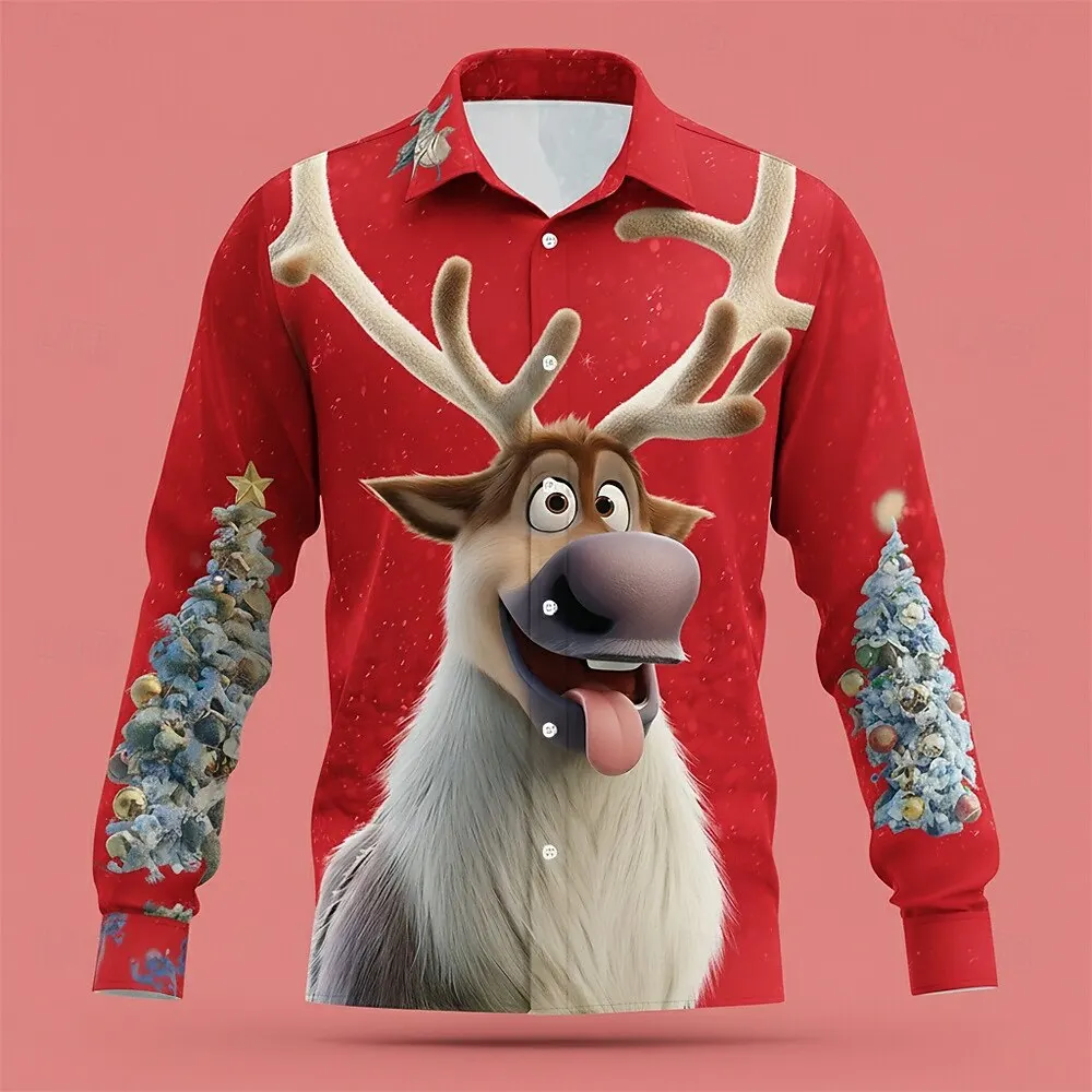 3D Printed Christmas Elk Graphic Men's Shirts Autumn Winter Long Sleeve Button Lapel Shirt Fashion Casual Festival Party Clothes